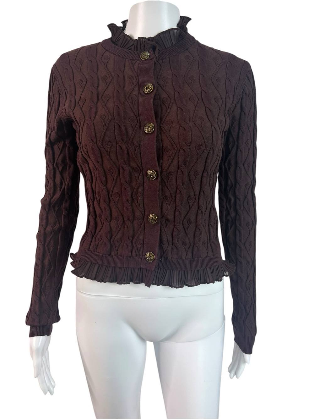 Disturbia Women's Cable Knit Cardigan Burgundy Ashen Vine Ruffle Slim Fit Size M - Picture 3 of 15